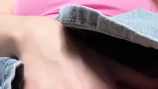 Young Blonde in Denim Skirt No Panties Close Up Wet Pussy