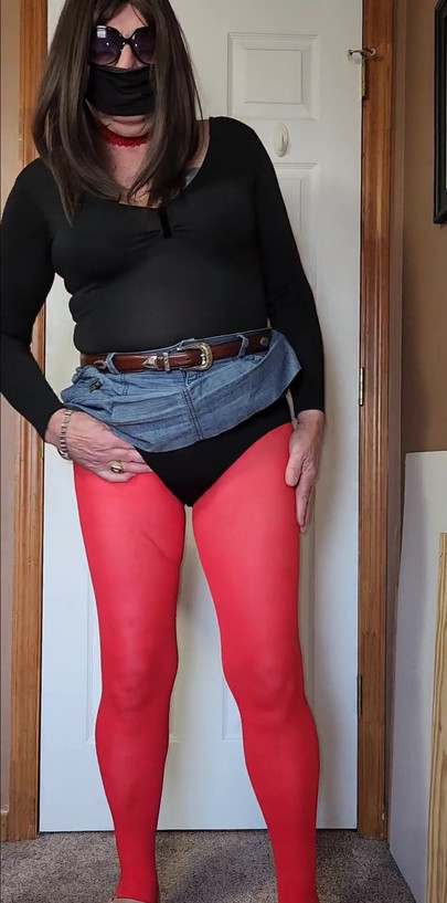 Jaw-dropping moment from "CD tease. Pantyhose, leotard, skirt. Feeling myself all over."