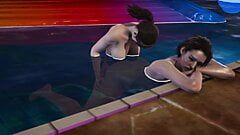 Lesbica-futa Claire Redfield e Jill Valentine - corpi perfetti in piscina