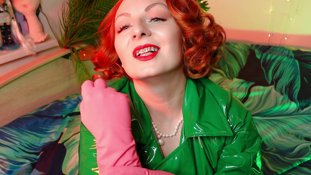 Pretty pin up model Arya and pink latex household gloves