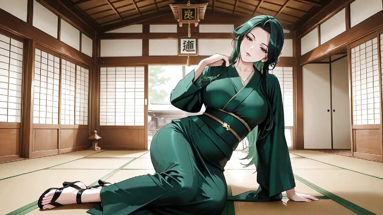 Zielonowłosa bogini Kimono! Prywatne Tatami Close-up, Leniwe Kolana i Rubs klatki piersiowej.