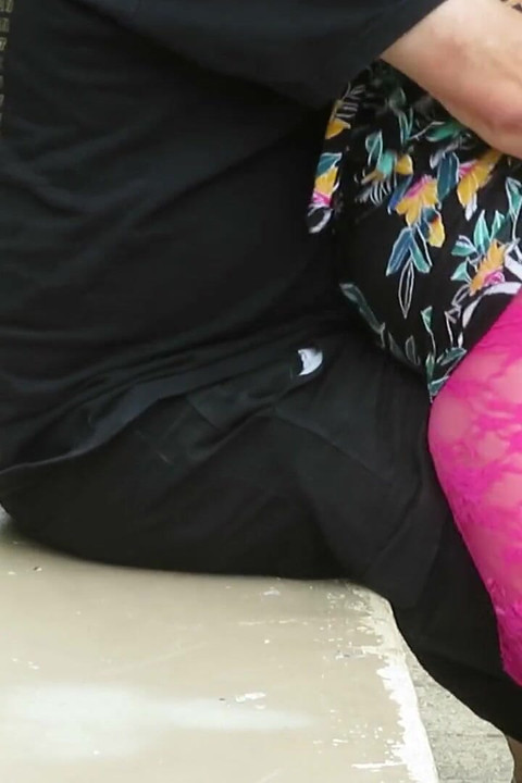 Park bench face sitting in my pink lace