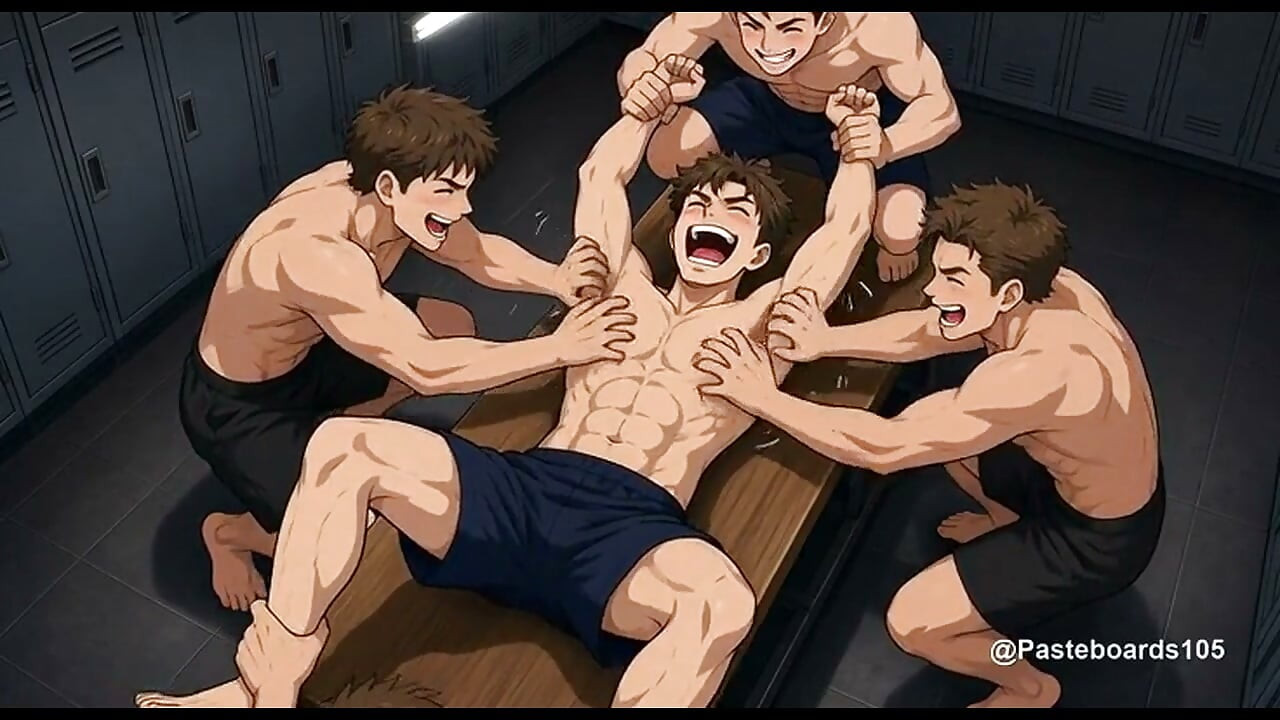 Držen dole od svých spoluhráčů – Tým jde po jeho holých podpažích (2D anime)