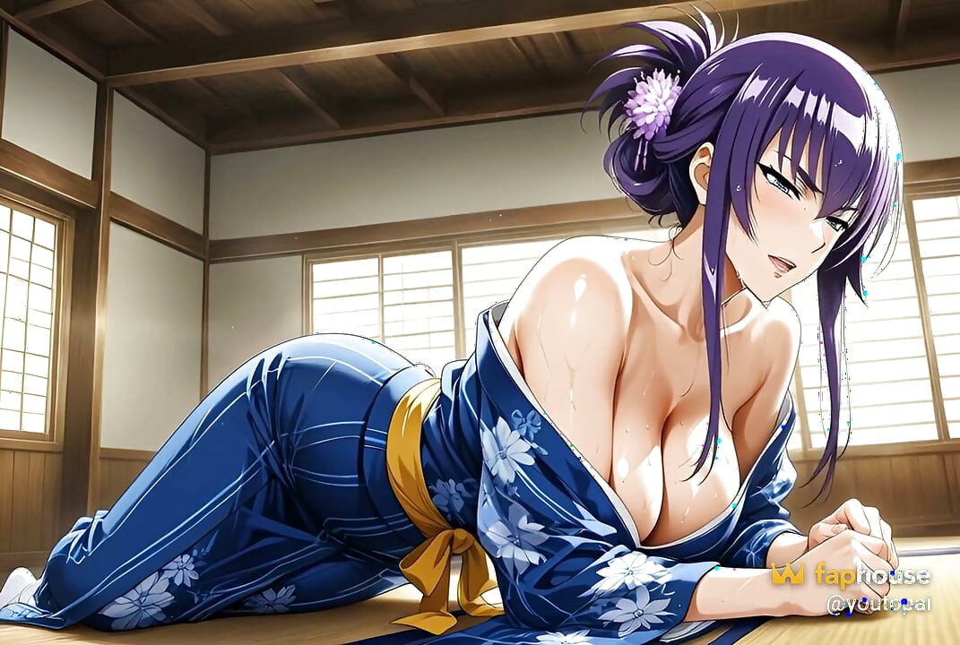 Saeko Busujima dengan Kimono Pertama Kali Menendang Panat - Sekolah Adaptasi AI