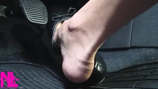 Revving and Driving in Black Leather Flats on Barefeet