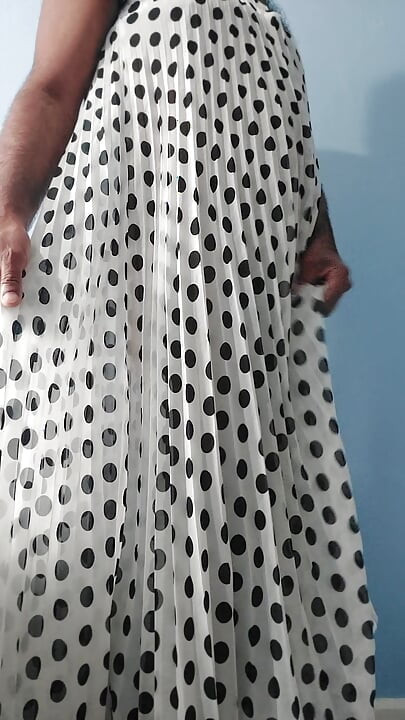I'm masterbating wearing a Silk Seethrough chiffon black and white polka dots pleated Skirt