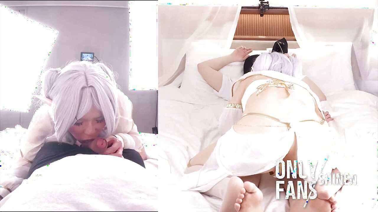 Cute Asian Amateur Femboy Frieren Belly Dancer Cosplayer gives a sloppy Blowjob and wild Cowgirl riding