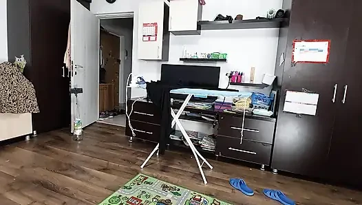 Sexy Brunette Doing Naked Chores Around the House.