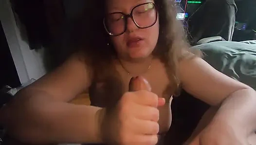 Innocent nerdy chubby girl with glasses begs him to cum in her mouth and keep sucking