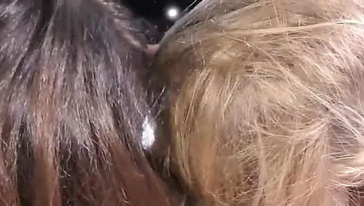 A hairjob with blonde and brunette babes