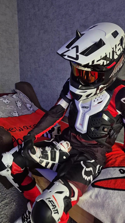 An Excited Guy in Motorcycle Gear Fucks His Sneakers
