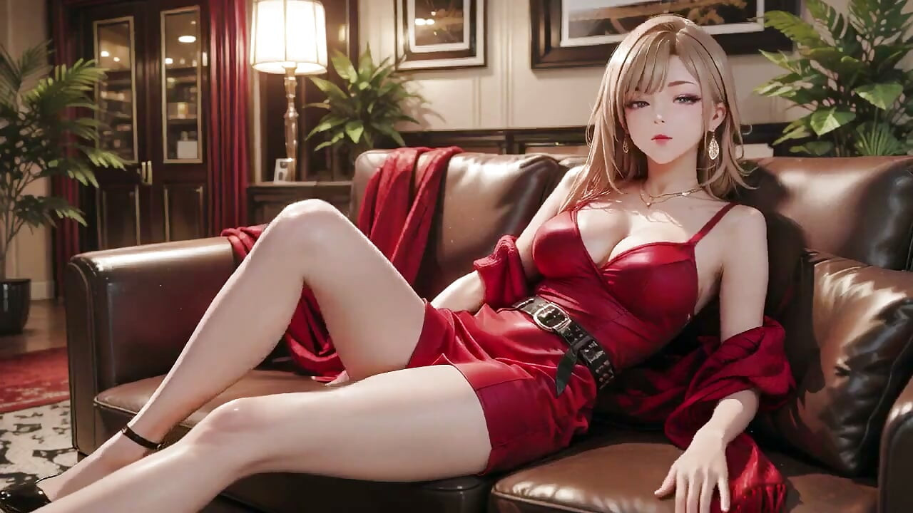 Blonde Boss in Red! Lazy on the Leather Sofa