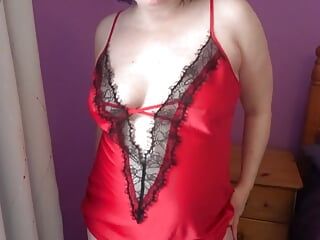 Wife Playing with Herself in Red Silk and Black Lace Nighty