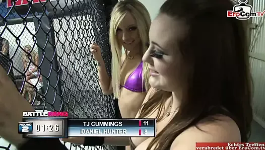 Blonde slut with small tits anally fucked in a boxing ring