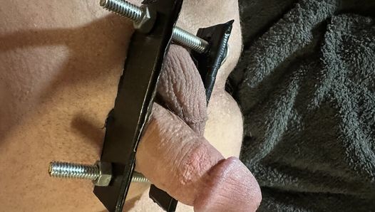 Sissy Twink takes huge black dildo while torturing is cock and balls with spikes