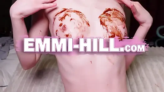 German skinny Girl loves Intens large labia pussy fingering and sweet small titts in chocolate Sauce