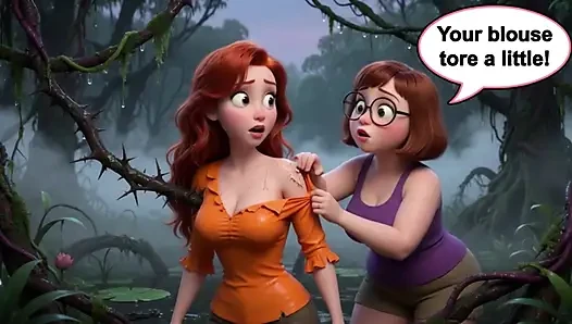 Two stunning women lose their clothes in a dark swamp searching for their friend and end up naked in the mud (AI generated)