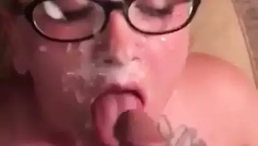 Horny chubby wife with glasses takes an incredible facial