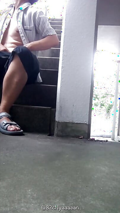 Fully naked exposure ejaculation on a public staircase