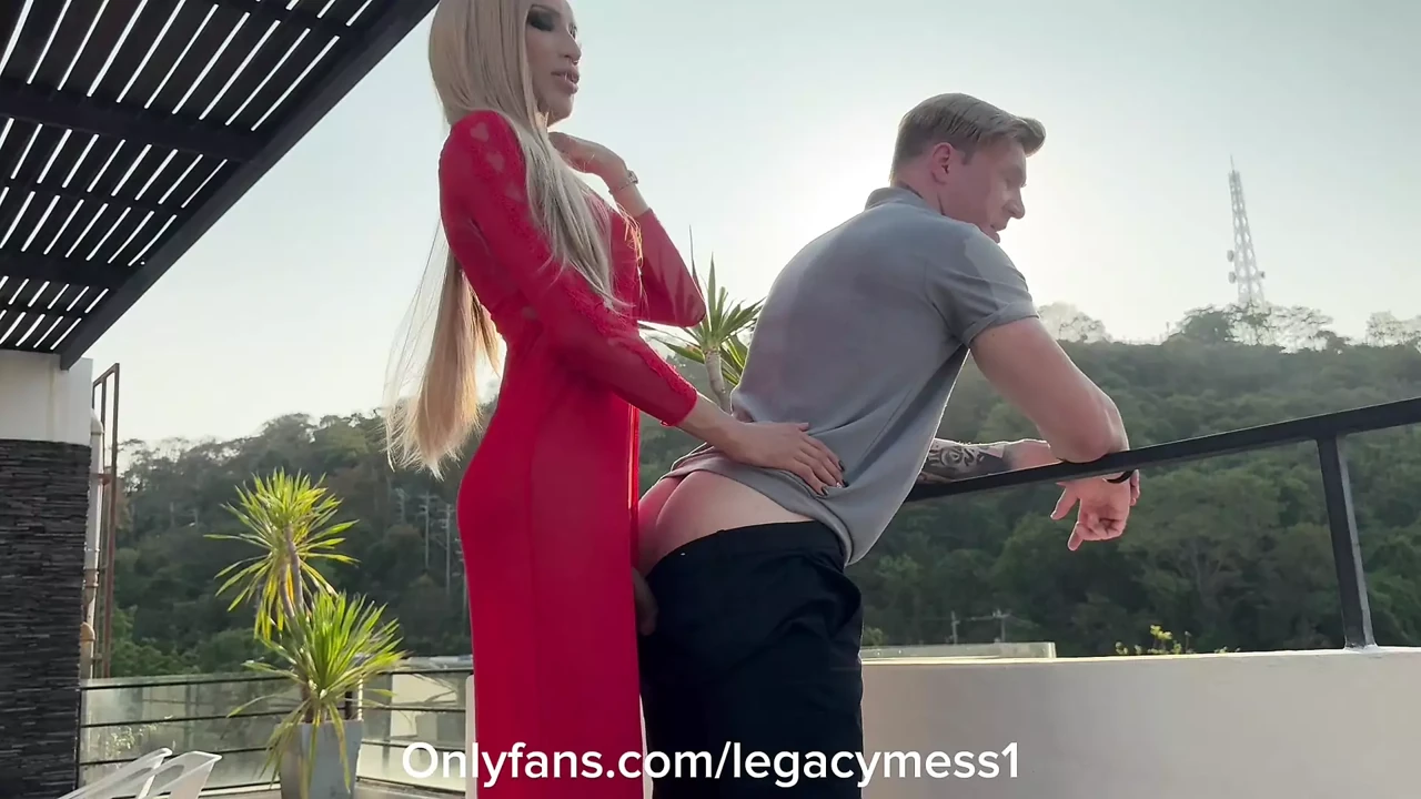 Tall Asian blonde Ladyboy dominates and fuck with pornstar Magic Michel outdoor