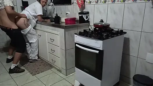 Maid had her ass used while washing dishes.