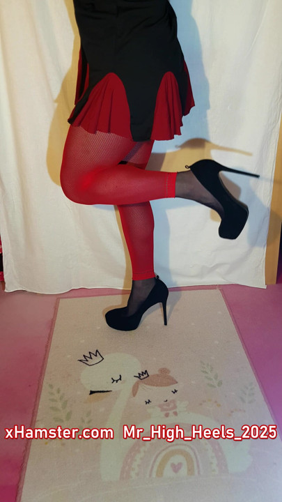 Red with black shoes.