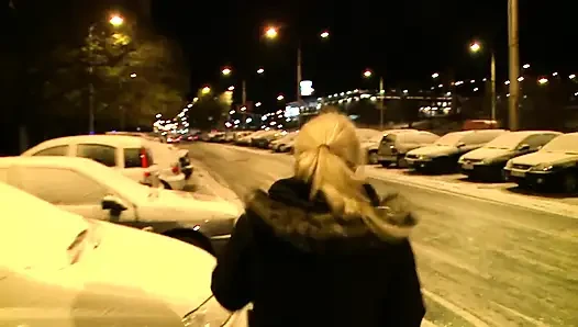 Sexy horny blonde sucks his cock outdoor in POV