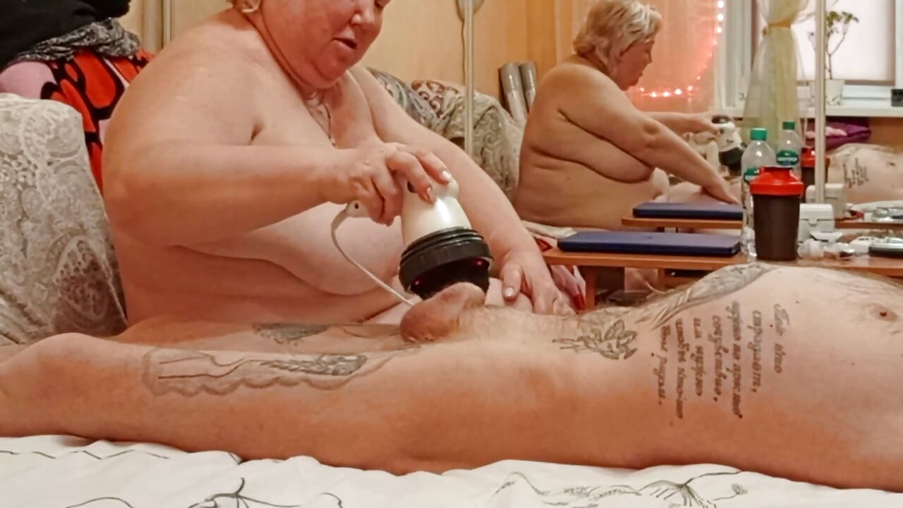 Mother-in-law Massages Cock and Balls, Then Sucks Cock and Gets a Mouthful of Cum