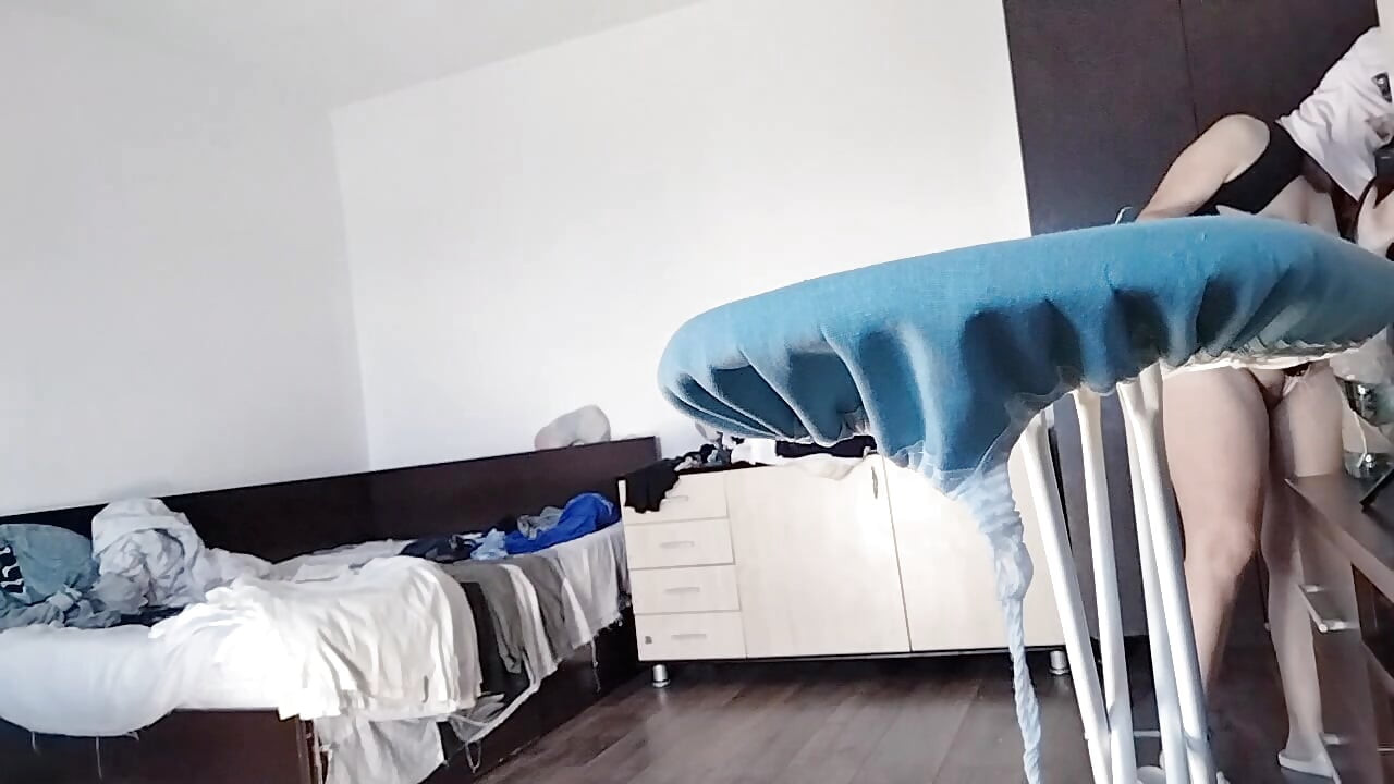 Sexy wife doing naked jobs. Brunette hairy pussy, big ass, big tits.