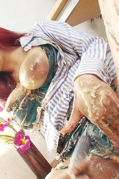 Brunette and redhead sluts with a food fetish fuck on the floor