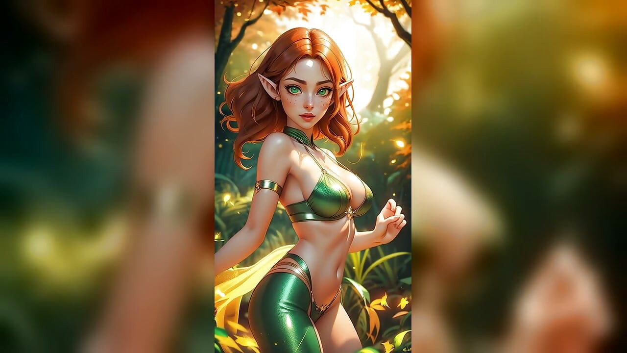 Elfe aux cheveux cuivrés en bikini vert dans une danse automnale en forêt - Sexy AI Babes