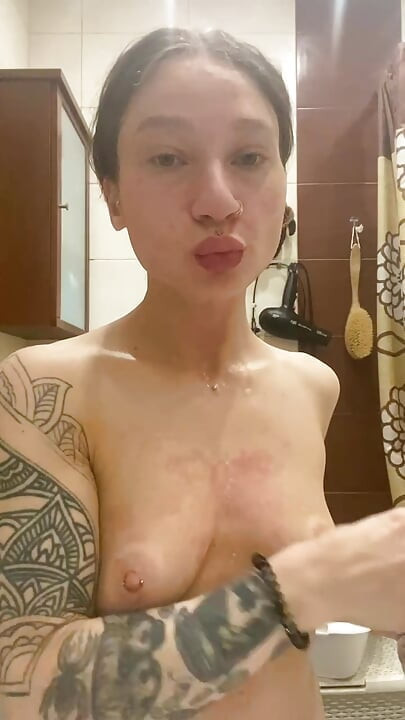 the girl came from a group sex and washed her mouth and face
