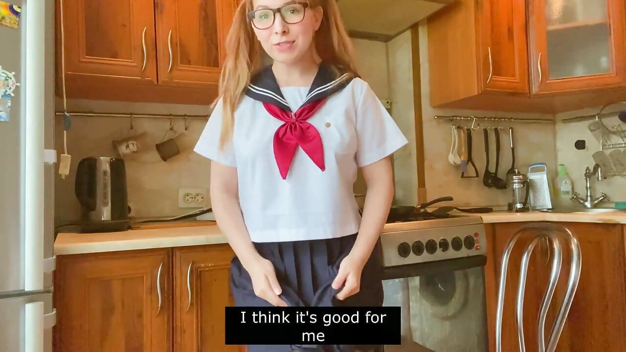 Cosplay in Japanese College Uniform, Girl Masturbates and Cums in the Kitchen