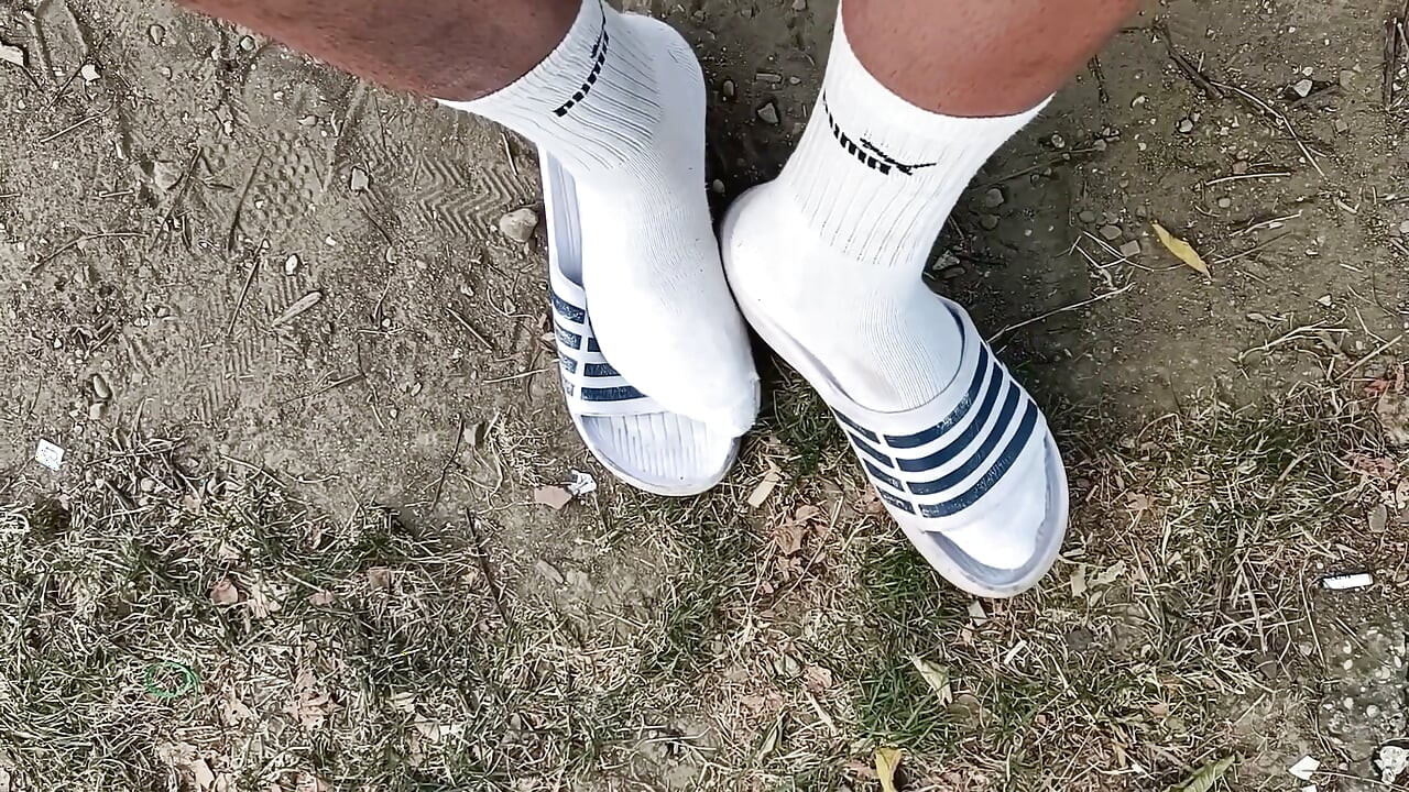 Making Socks Dirty in Slides - Used Socks and Slides and Uncut Soft Cock