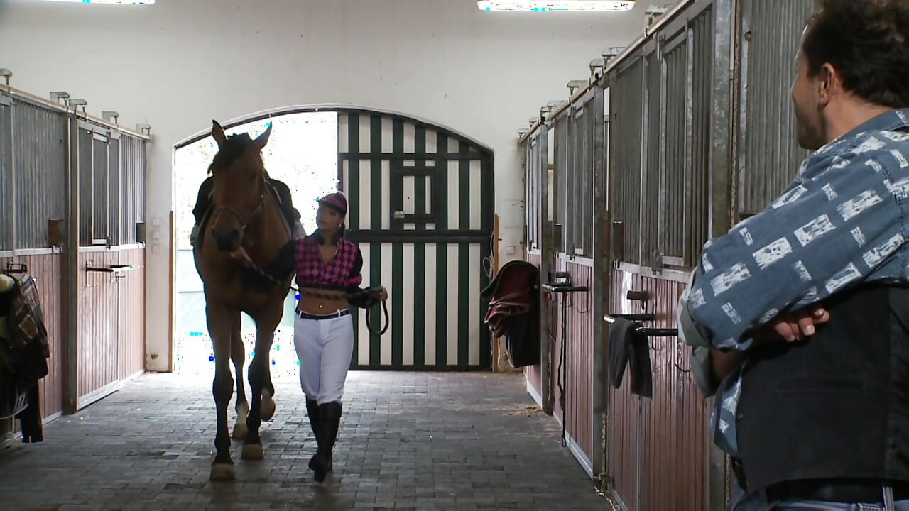 Amazing slut fucks stable boy