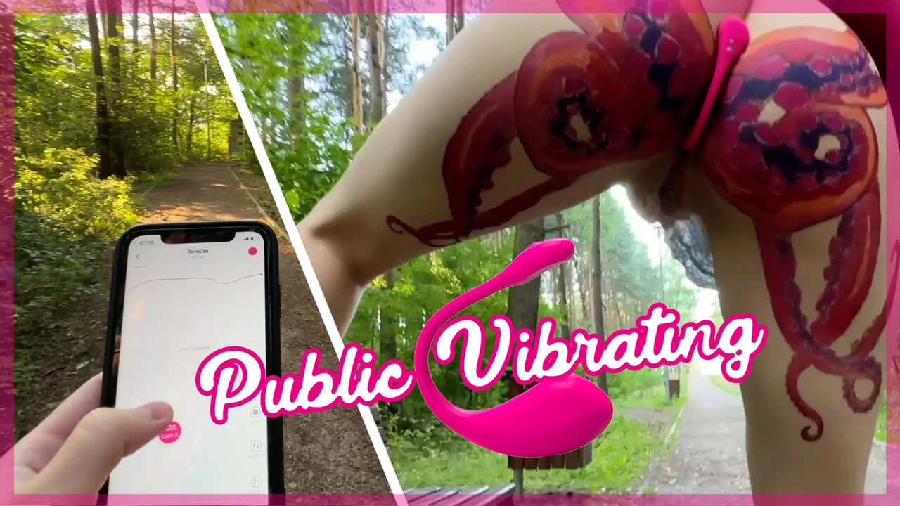 Public dare - la sorellastra cammina nuda all'aperto nel parco e gioca con il vibratore remoto nella sua figa