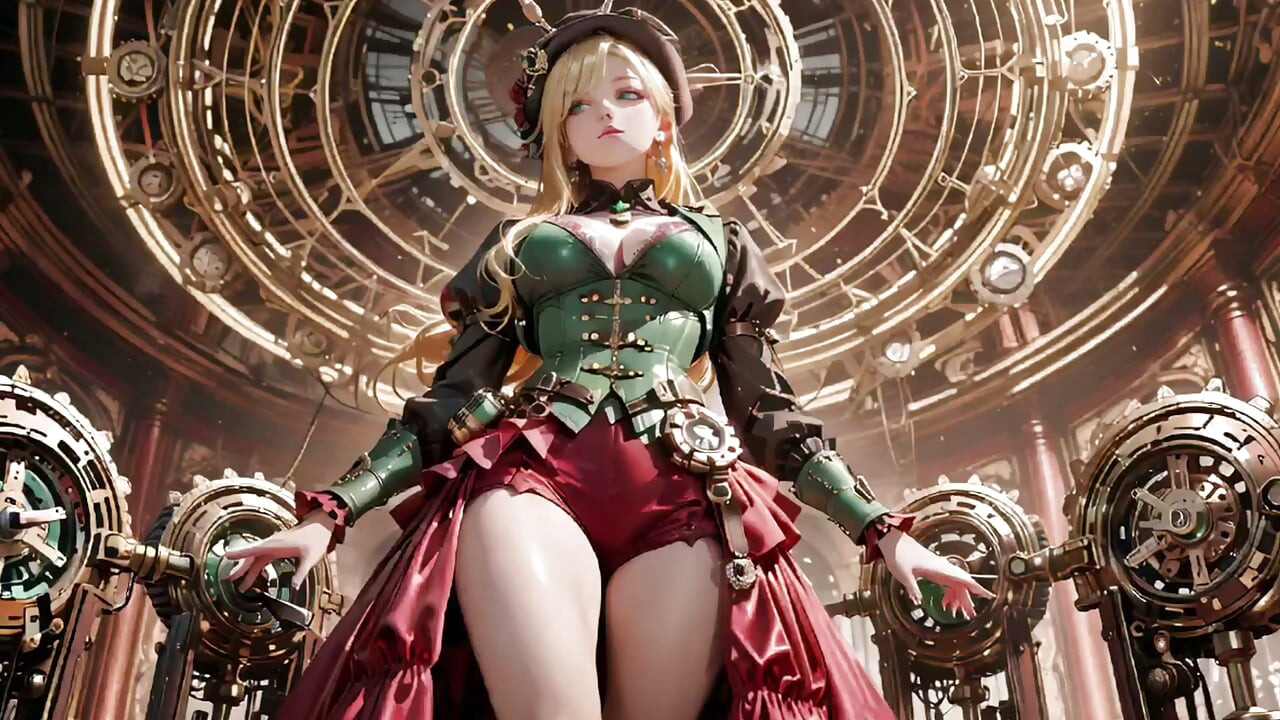 Steampunk Blonde Secretary! Lazy poses amidst giant gears, adjusting goggles with a teasing gaze.