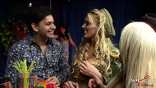 WHORNY FILMS - Fake Military Blondes in Uniforms Busted at Bar - Strip Naked & Share Bartender's Cock