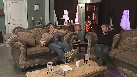 Two beautiful babes gets fucked by two hard cocks on the sofa