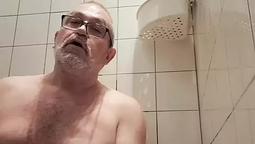 Transparent very long dildo in shower