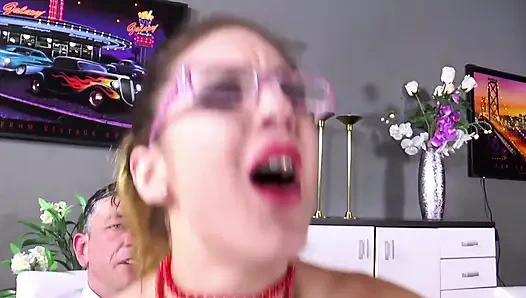 Sexy small tits chick gets sprayed in her cute mouth