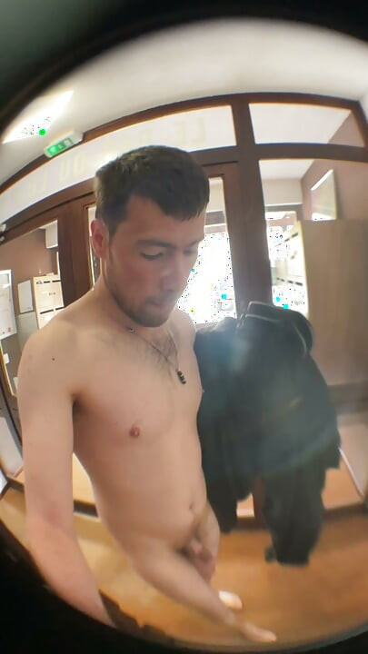 Completely naked in the common areas of the building