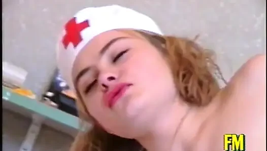 Dirty and sexy nurse in white stockings takes care of a horny patient