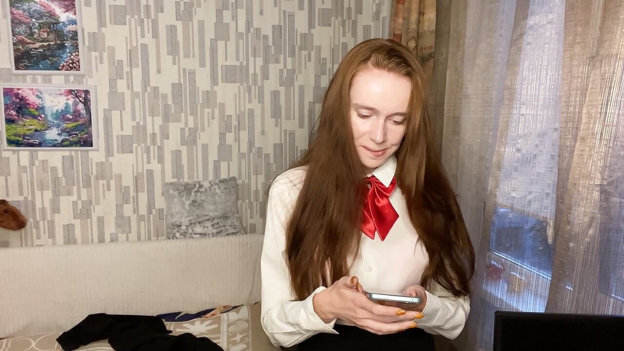School girl can't concentrate and pushes her kitty to be pleased