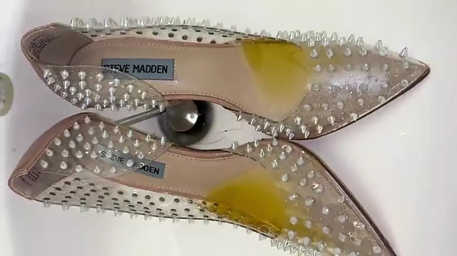 Pissing on friend's spiky high heels