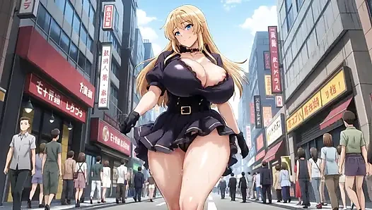 Berjalan di jalan yang ramai dengan tubuh bawahnya terekspos