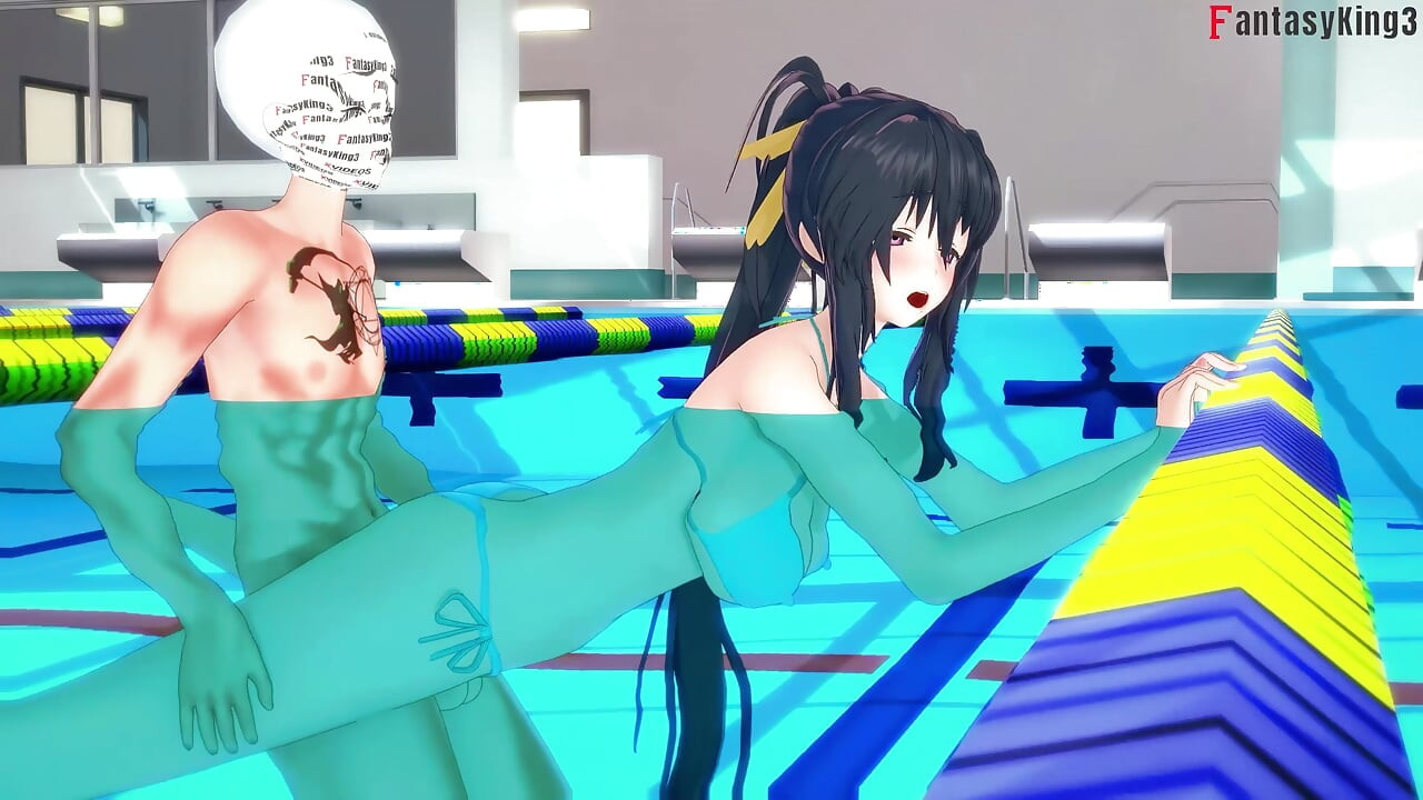 Rias & Akeno trio terwijl telefoongesprek en Akeno neukten in openbaar zwembad - DXD NTR Madness Series