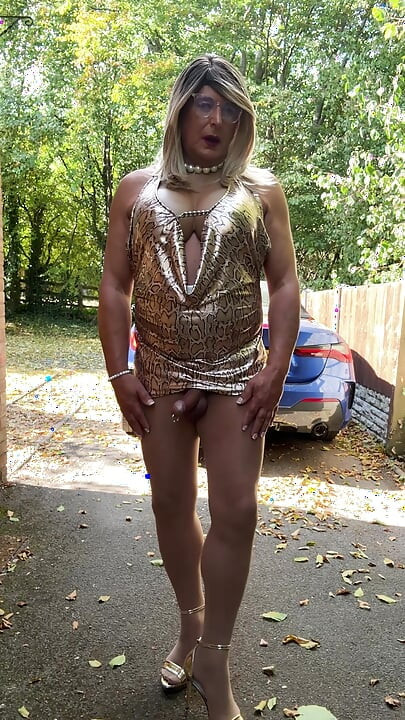 Sexy Crossdresser kellycd2022 in gold leopard print dress tan pantyhose and heels s