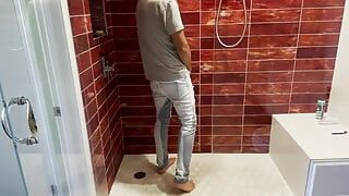 Barefoot in Jeans Pissing Myself and Showing Dick and Ball