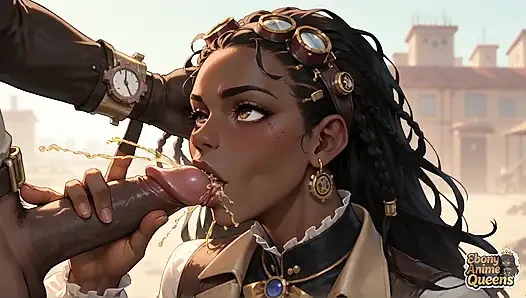Zenci kraliçe çöl oral, steampunk seks ile baştan çıkarıyor.